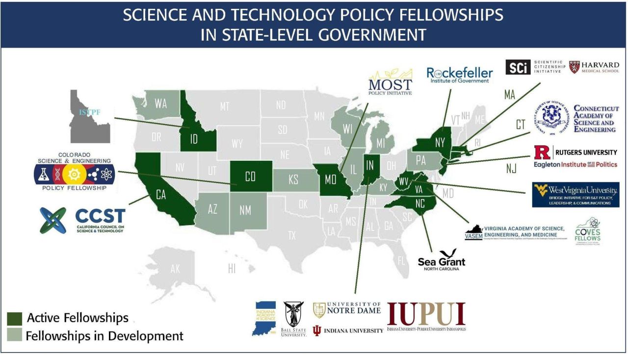 Map of the USA indicating states with Science and Technology Policy Fellowships in State-Level Government.